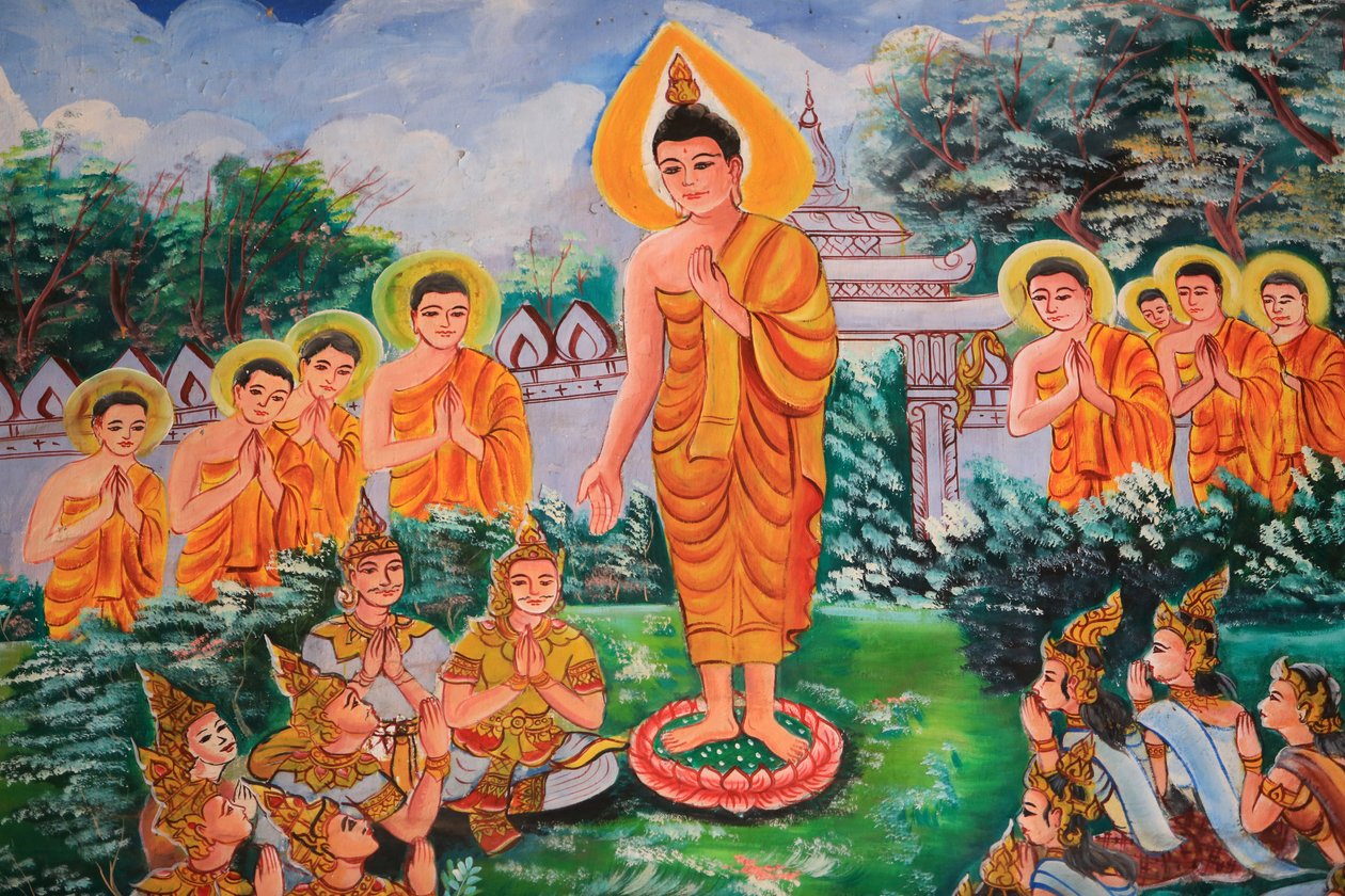 A espalhar o Dharma. A vida de Buda. Obras de arte de tecto retratando a vida de Buda. Wat Inpeng. Vienciana. Laos, 20151029, Vientiane, Laos de Unbekannt