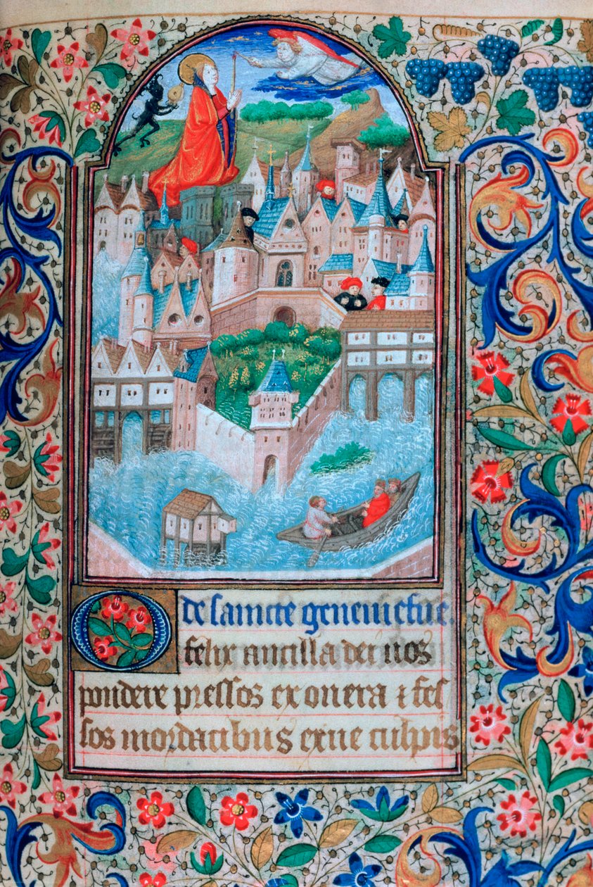 St Genevieve rezando nas torres de Notre Dame, Paris, século XV de Unbekannt