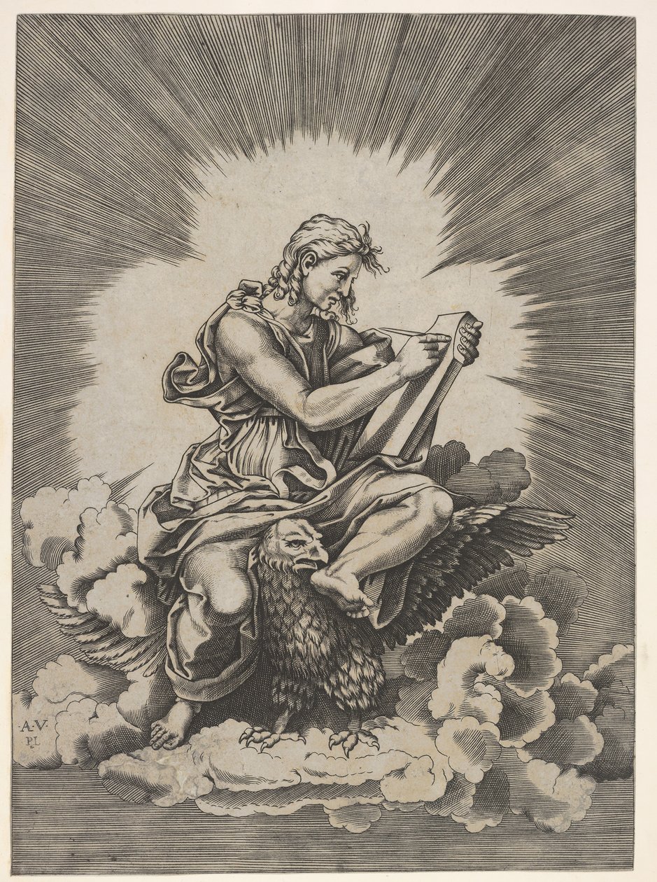São João, sentado e segurando um instrumento de escrita em uma tábua, uma águia de fora ..., depois de 1518. de Unbekannt