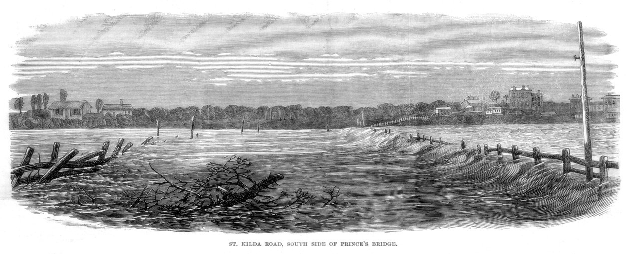St Kilda Road, lado sul de Princes Bridge - Inundações em Melbourne, Austrália, 1864 de Unbekannt