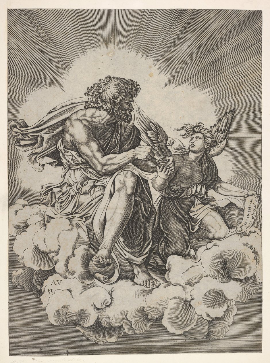 São Mateus, sentado em uma nuvem com as pernas cruzadas e mergulhando uma pena em um tinteiro ..., depois de 1518. de Unbekannt