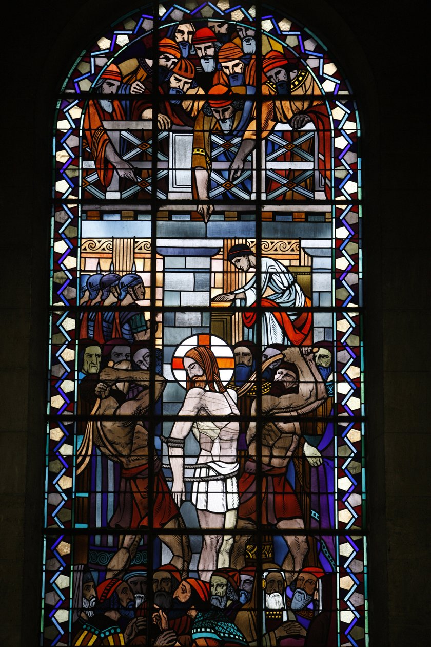 Vidro manchado na igreja católica de Notre Dame du Rosaire: Paixão de Cristo, Saint-Ouen, França de Unbekannt