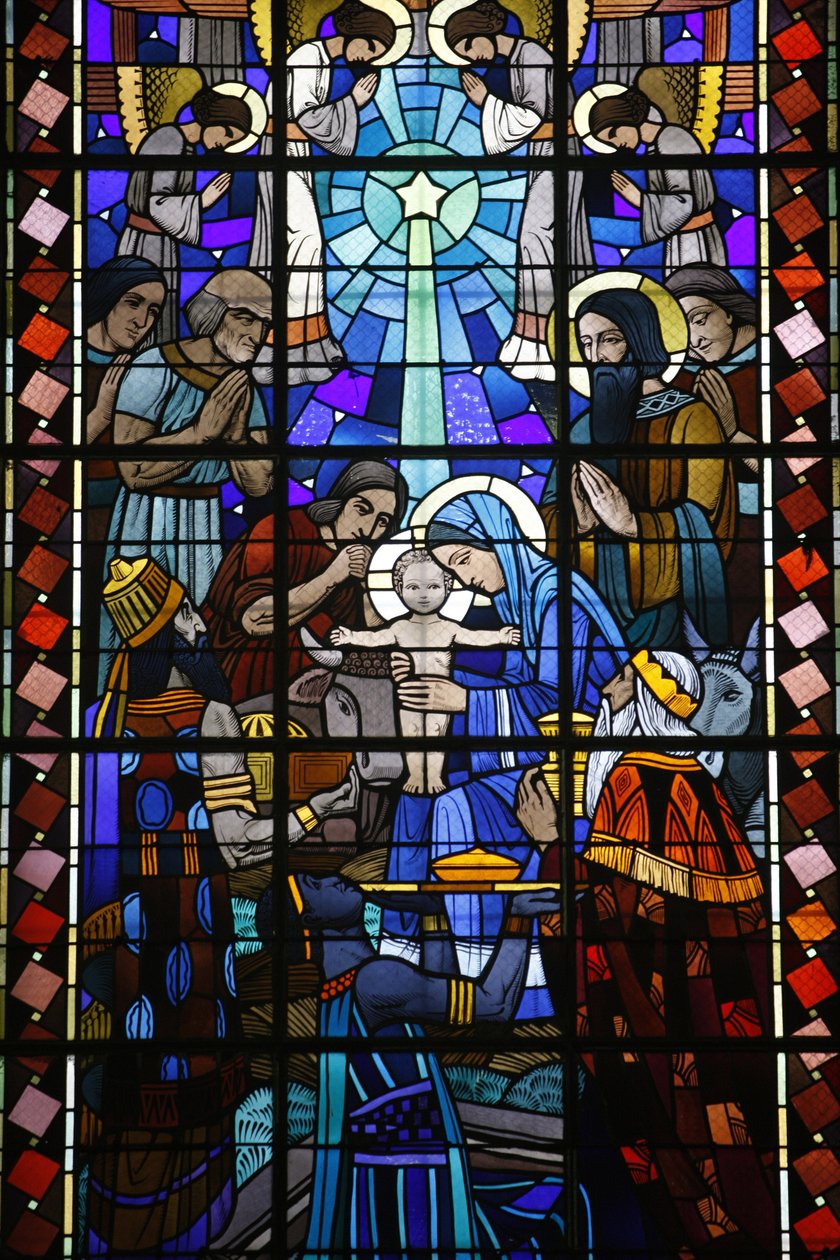 Vidro manchado na igreja católica de Notre Dame du Rosaire: Presépio, Saint-Ouen, França de Unbekannt