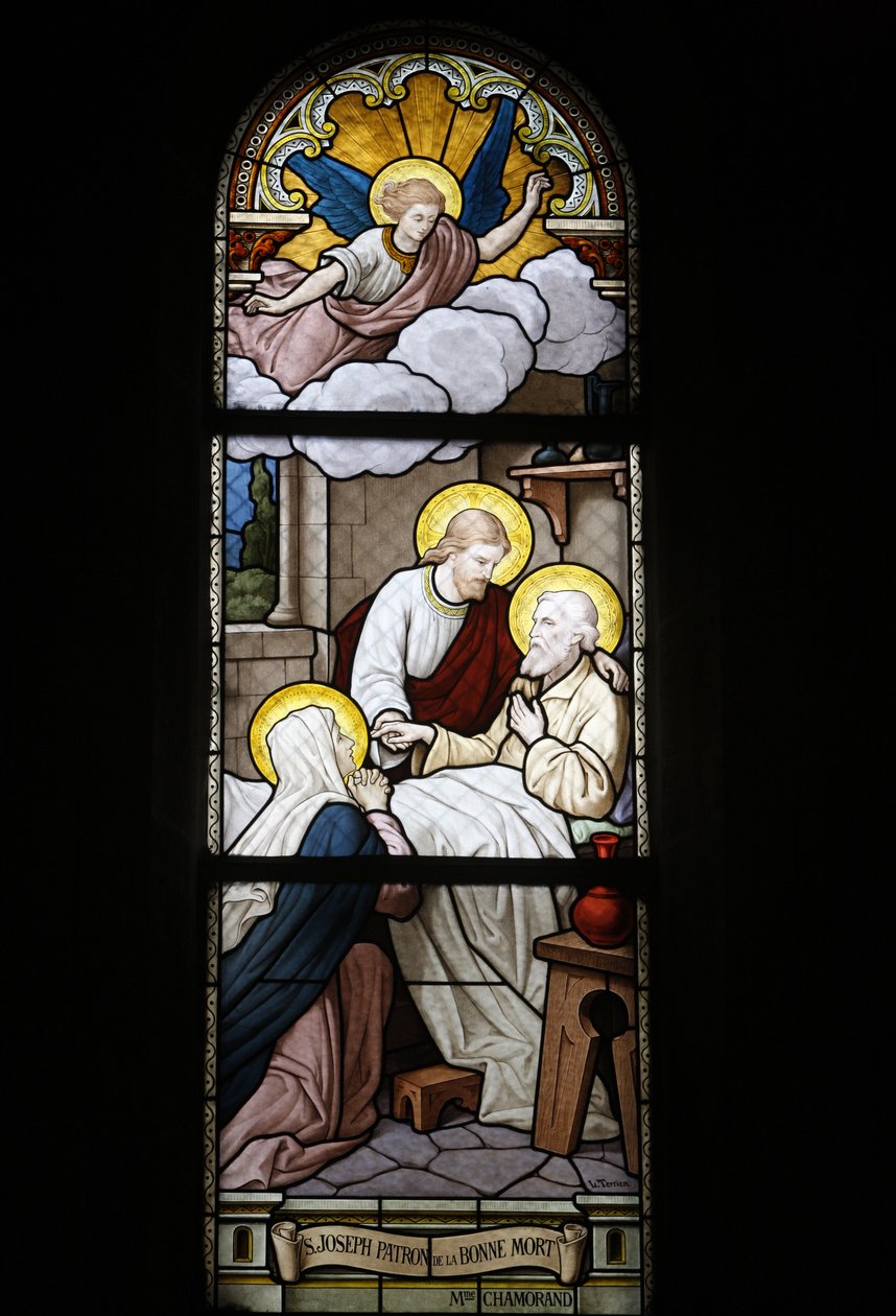 Vidro manchado na igreja católica de Notre Dame du Rosaire: São José, santo padroeiro da morte, Saint-Ouen, França de Unbekannt