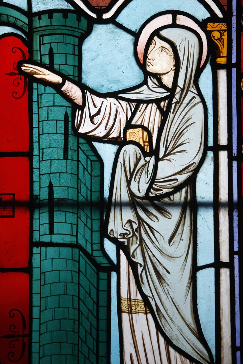 Vidro manchado no claustro da catedral de Notre Dame : a história de Sainte Genevieve, santa padroeira de Paris, Paris, França de Unbekannt