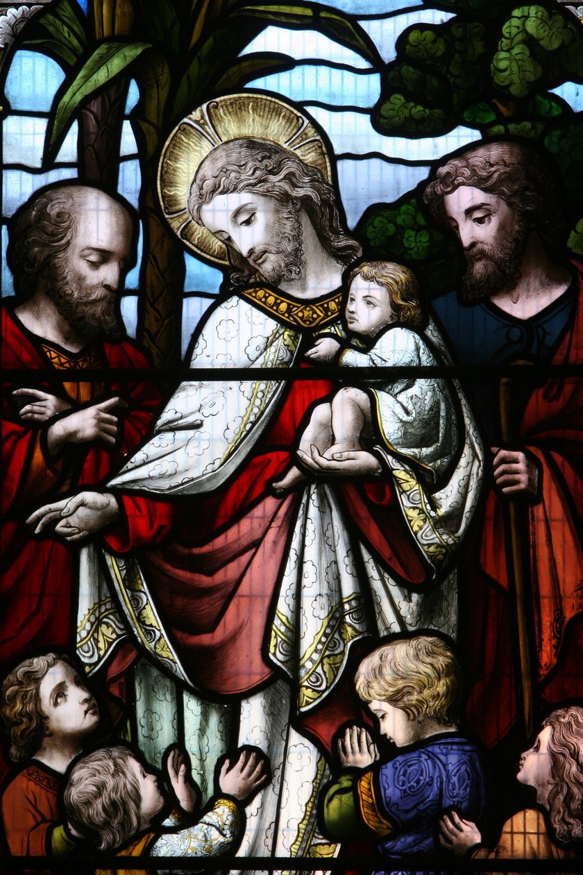 Janela de vidro manchado retratando Jesus acolhendo crianças, Billingshurst, Grande Bretagne de Unbekannt