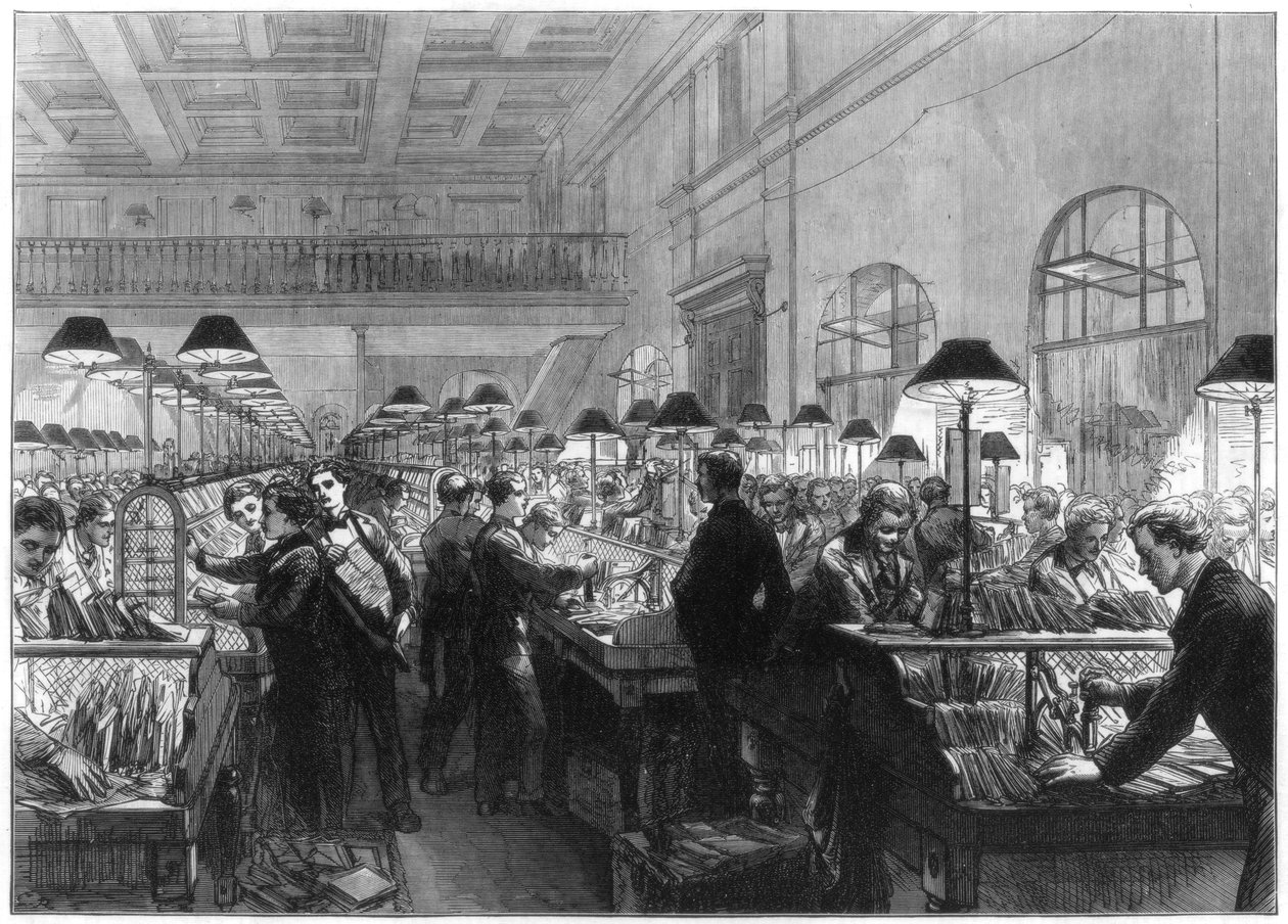 Escritório de estamparia e triagem, General Post Office, Londres, 1875 de Unbekannt