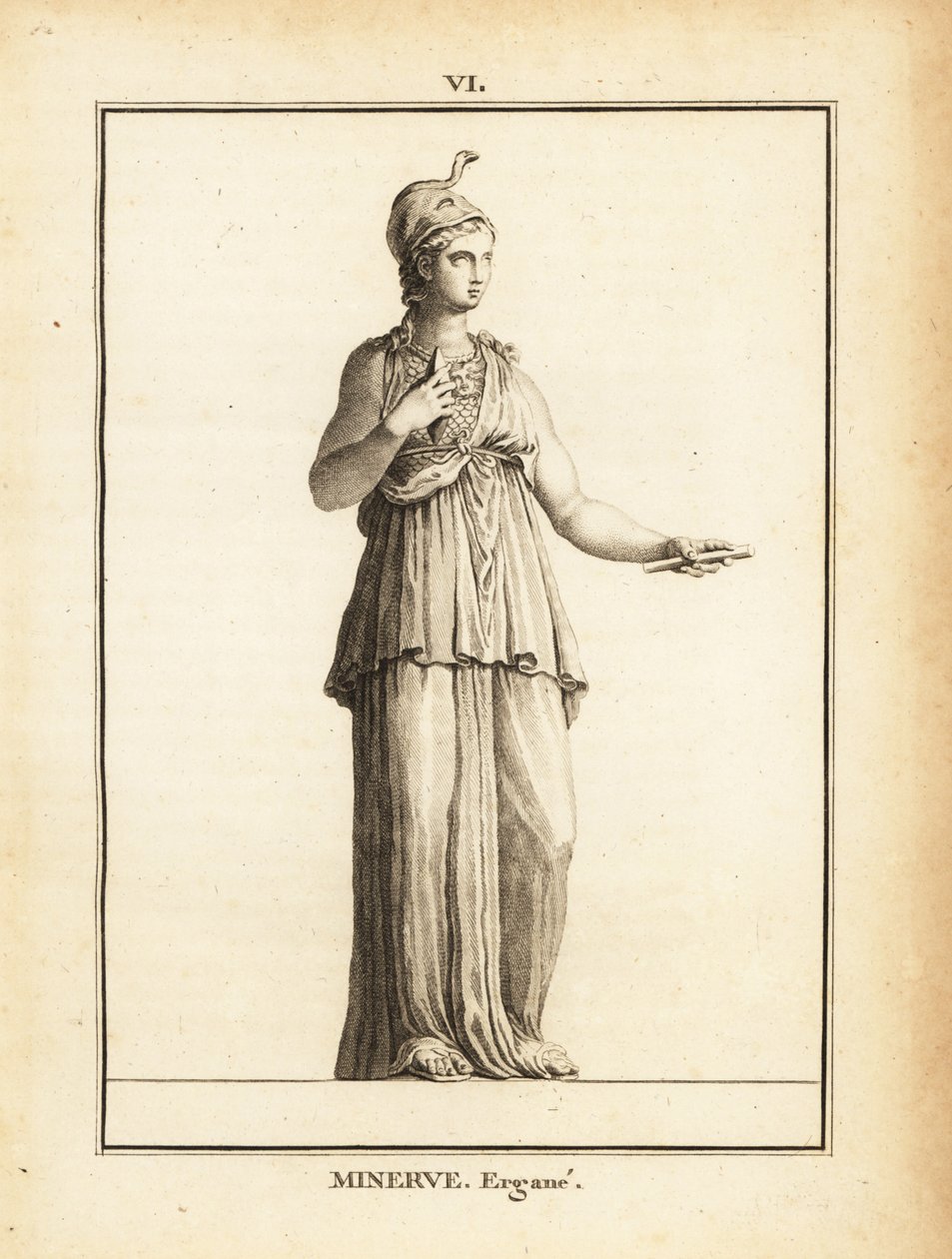Estátua da deusa romana da sabedoria Minerva Ergane (Minerva Worker), com capacete e serpente de Unbekannt