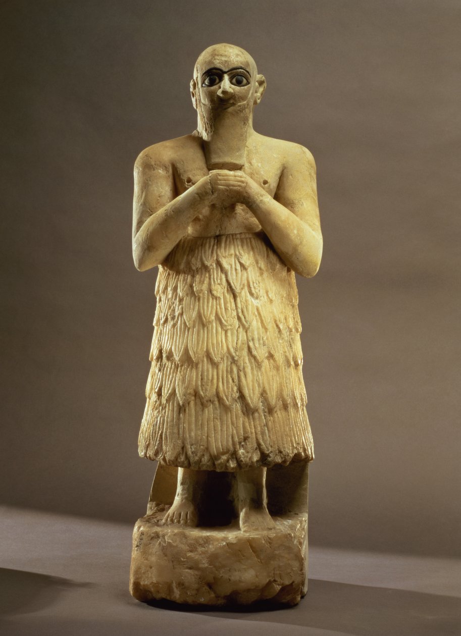 Estatueta do oficial ou mordomo Ebih-Il adorando a deusa Ishtar, de Mari, Eufrates Médio, c.2500 AC (gesso e lápis lazúli) (para detalhes ver 93166) de Unbekannt