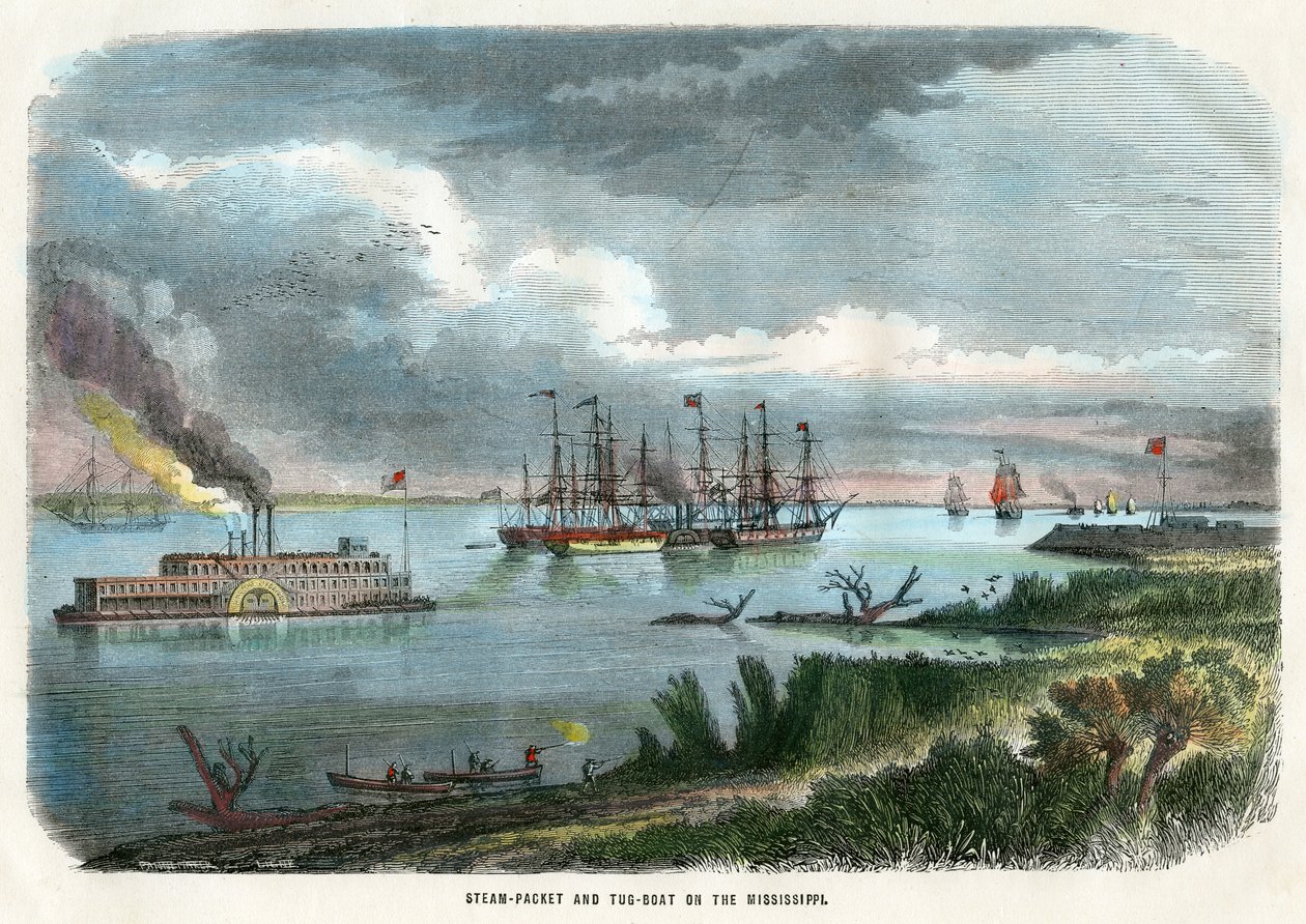 Pacote de vapor e rebocador no Mississippi, EUA, c1875 de Unbekannt