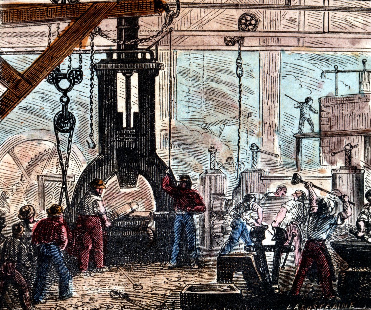 Martelo a vapor sendo usado em uma indústria siderúrgica, França, 1867 de Unbekannt