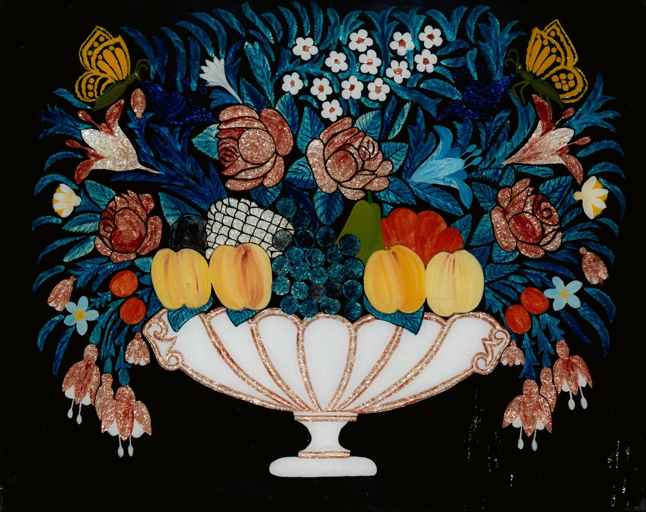 Ainda vida - flores e frutas na tigela branca e rosa, 1840-60. de Unbekannt
