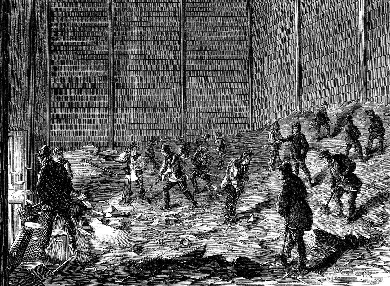 Armazenamento de gelo em galpões isolados na Charless Ice Store, Chelsea, Londres, 1861 de Unbekannt