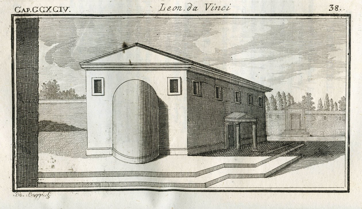 Estudos sobre a sobreposição de edifícios. "Quando corpos de uma superfície convexa terminam em outros corpos da mesma cor, o termo da superfície convexa aparecerá mais escuro. Gravura de "Tratamento de Pintura" de Leonardo da Vinci ( de Unbekannt