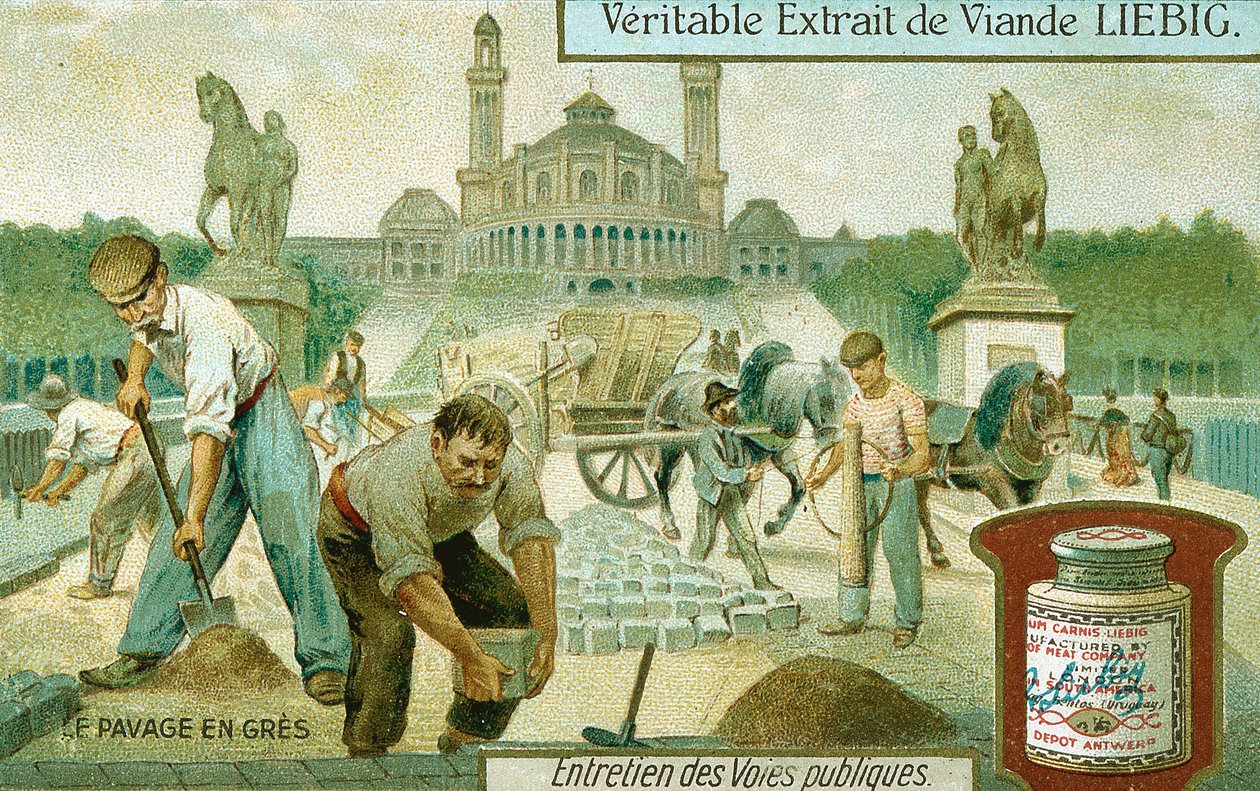 Pavimentando uma estrada com granito, Paris, c1900 de Unbekannt