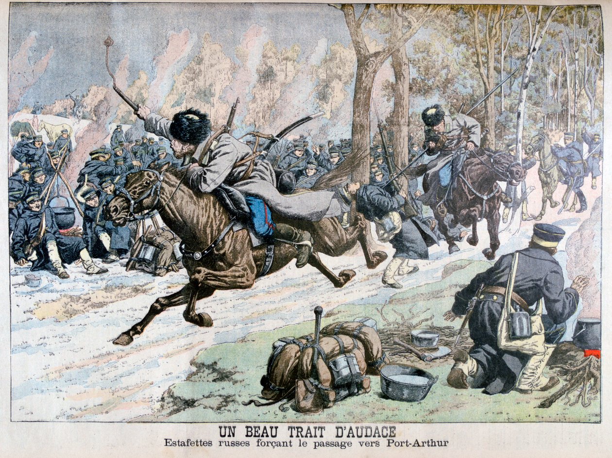 Surpresa de ataque da cavalaria russa no caminho para Port Arthur, Guerra Russo-Japonesa, 1904 de Unbekannt