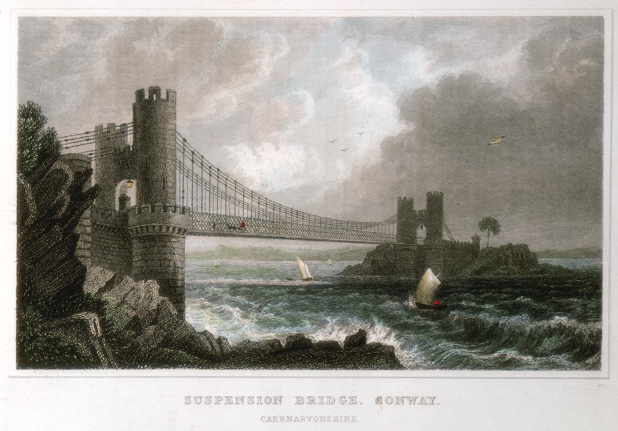 Ponte suspensa sobre o estuário de Conwy, país de Gales, c1840 de Unbekannt