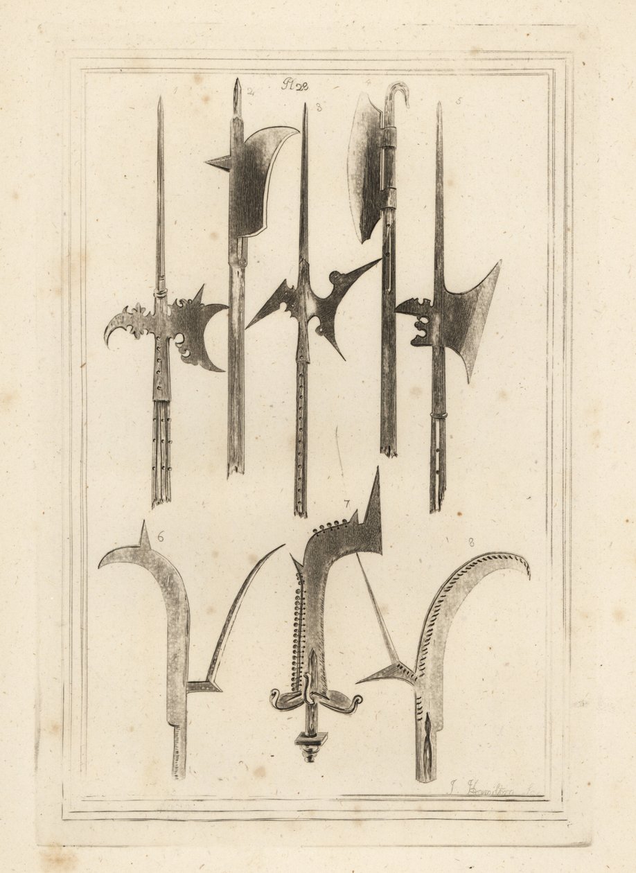 Lâmina de espada halberd 1,3,5, bico castanho 2, eixo Lochaber 4, bico antigo 6, bico com sinos pequenos 7, e bico encontrado em Battefield, Shrewsbury 8 de Unbekannt