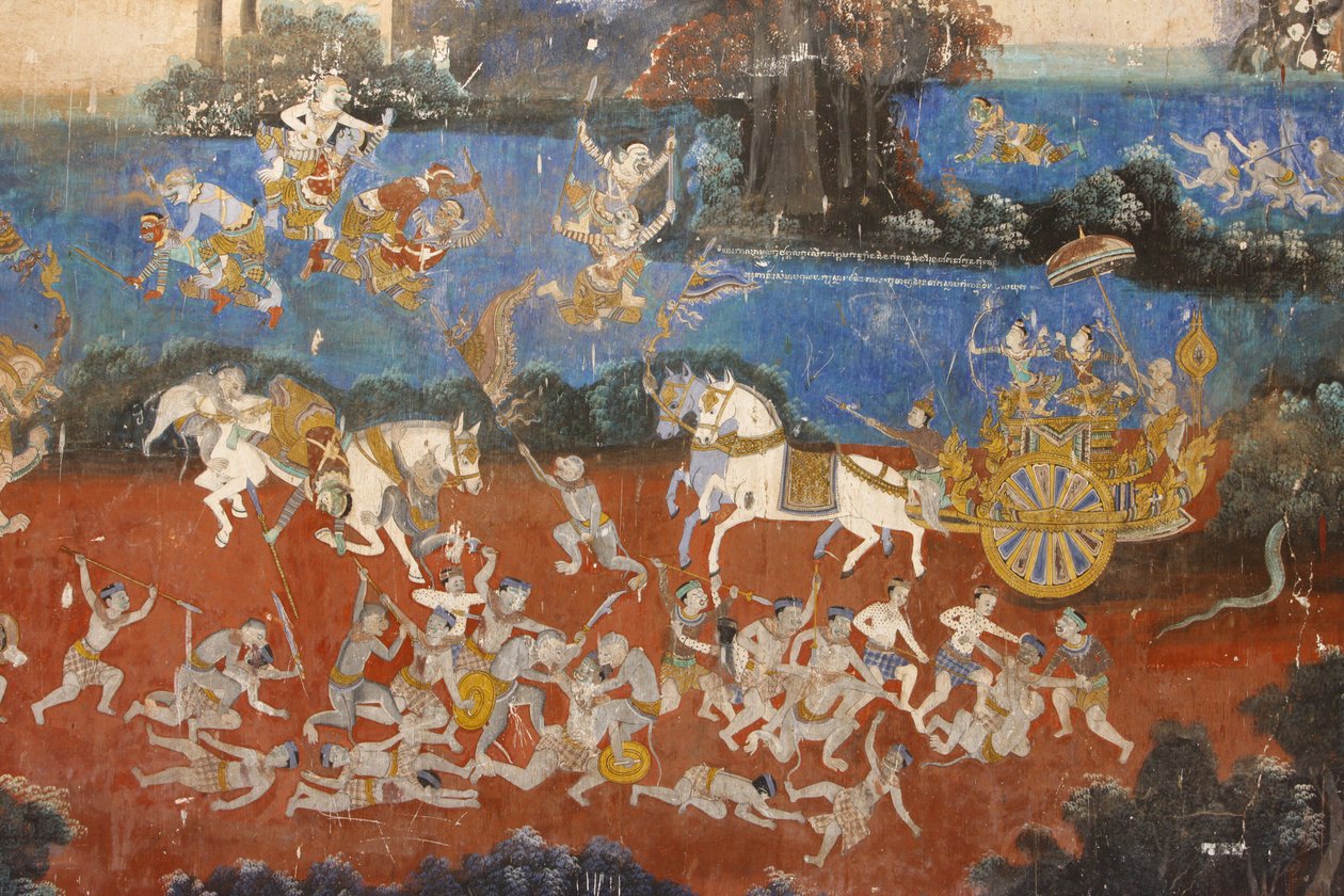 Sylver Pagoda Este mural retrata cenas do Reamker que é o cambojano, ou Khmer, versão do clássico poema hindu Ramayana, Phnom Penh, Camboja. de Unbekannt