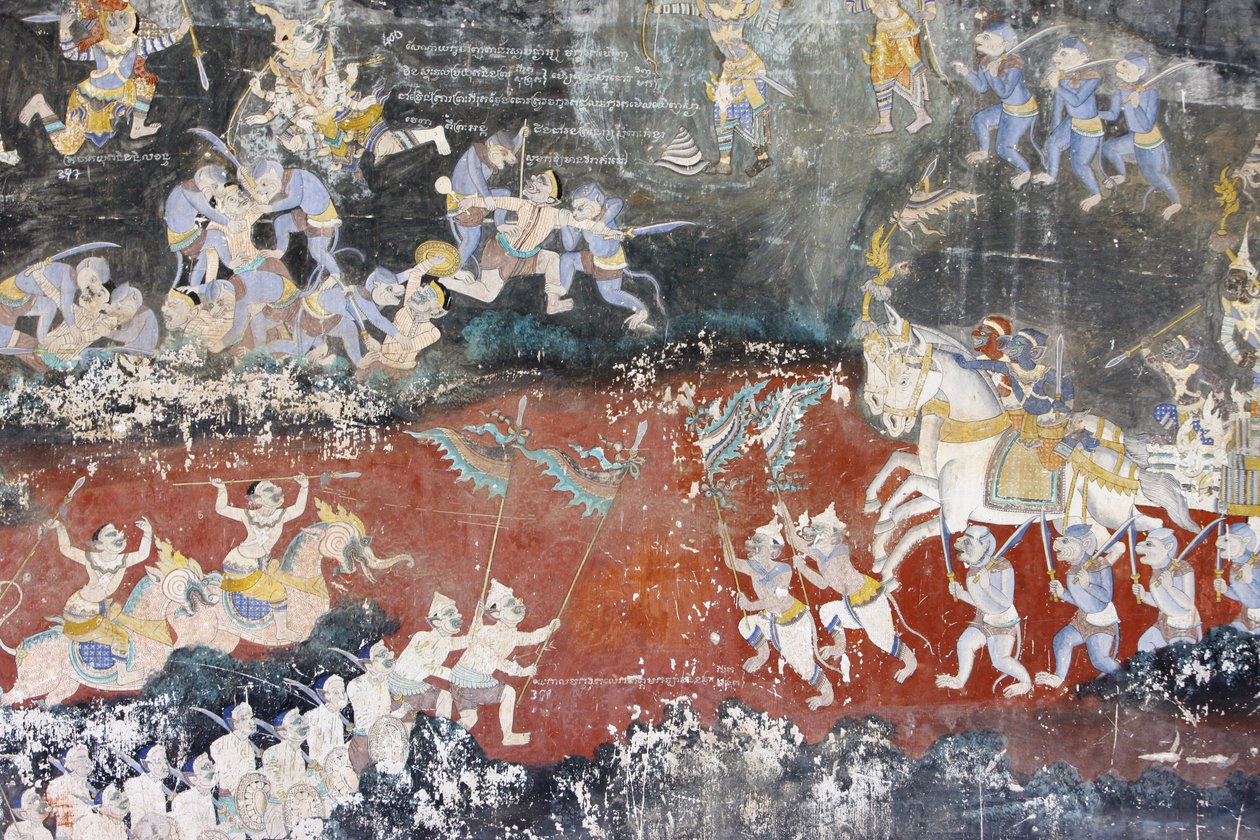 Sylver Pagoda Este mural retrata cenas do Reamker que é o cambojano, ou Khmer, versão do clássico poema hindu Ramayana, Phnom Penh, Camboja de Unbekannt