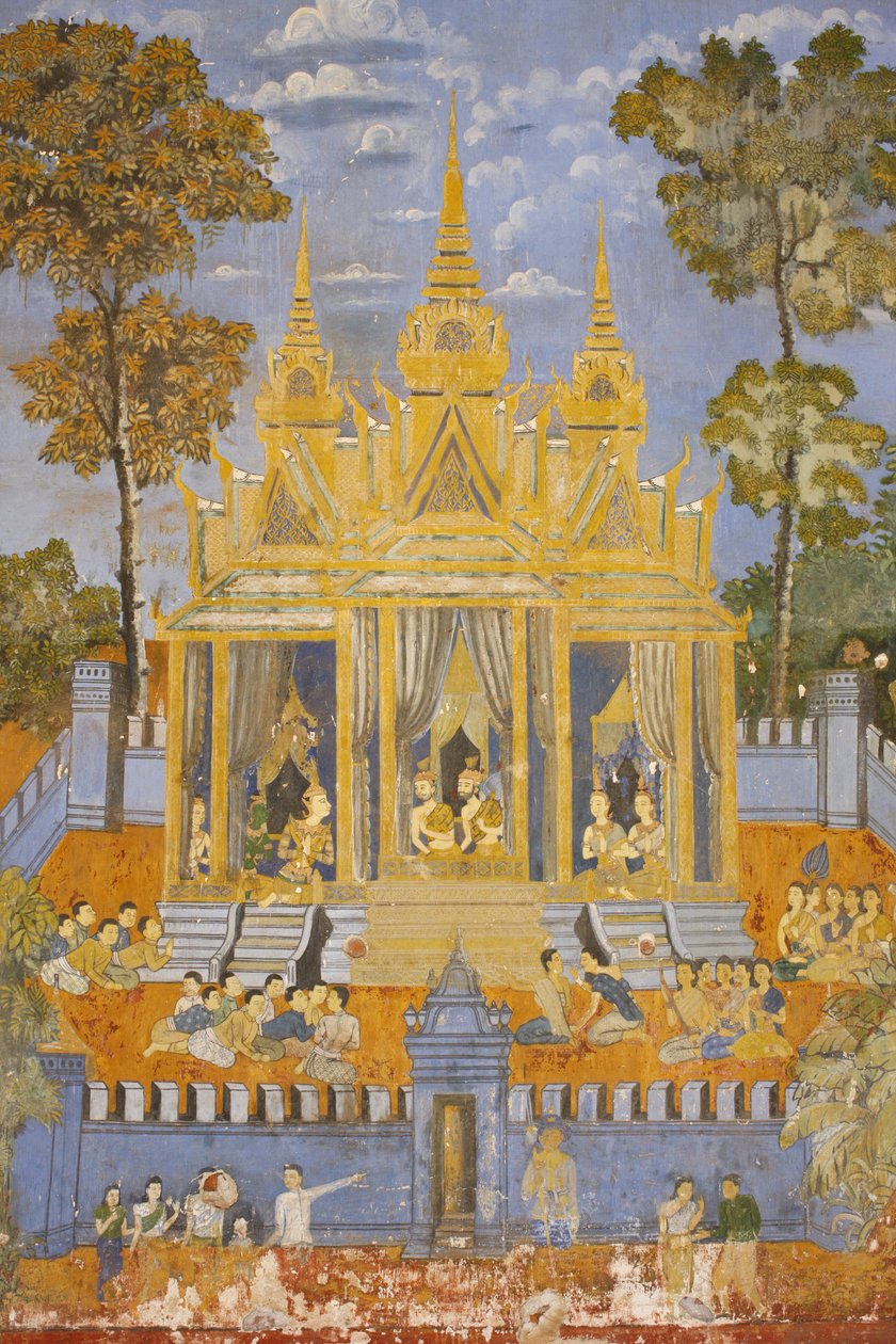 Sylver Pagoda Este mural retrata cenas do Reamker que é o cambojano, ou Khmer, versão do clássico poema hindu Ramayana, Phnom Penh, Camboja. de Unbekannt