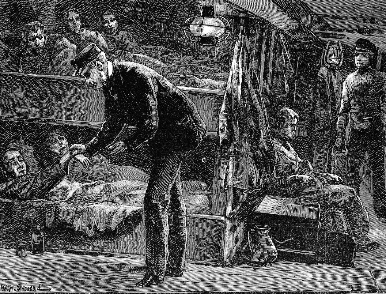 Tomando o pulso de um emigrante irlandês doente a bordo do navio, década de 1840 c1890 de Unbekannt