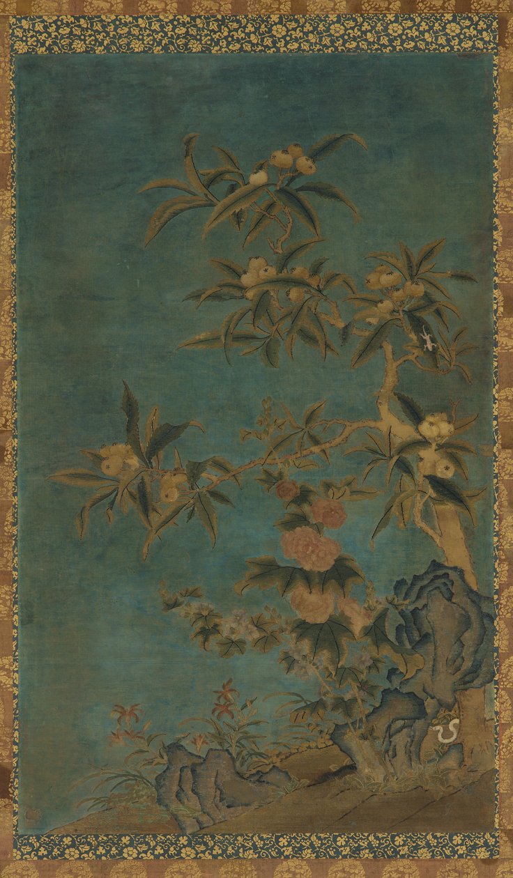 Tapeçaria: árvores frutíferas e malvas, dinastia Ming, 1368-1644. de Unbekannt