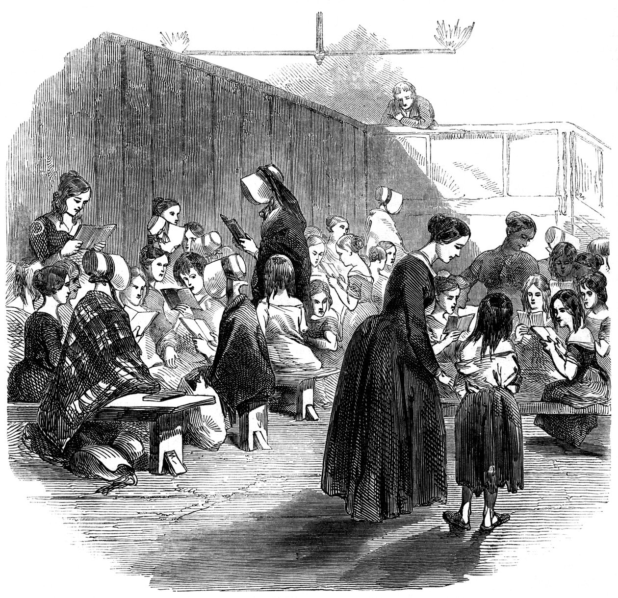 Ensinar meninas a ler na escola Ragged School Union, Lambeth, Londres, 1868 de Unbekannt