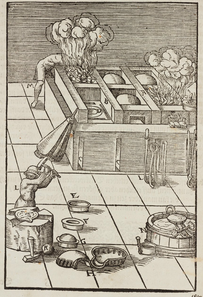 Técnica e instrumentos para o aquecimento do minério de prata - Gravura a partir de Description des minerais et des principales methodes d