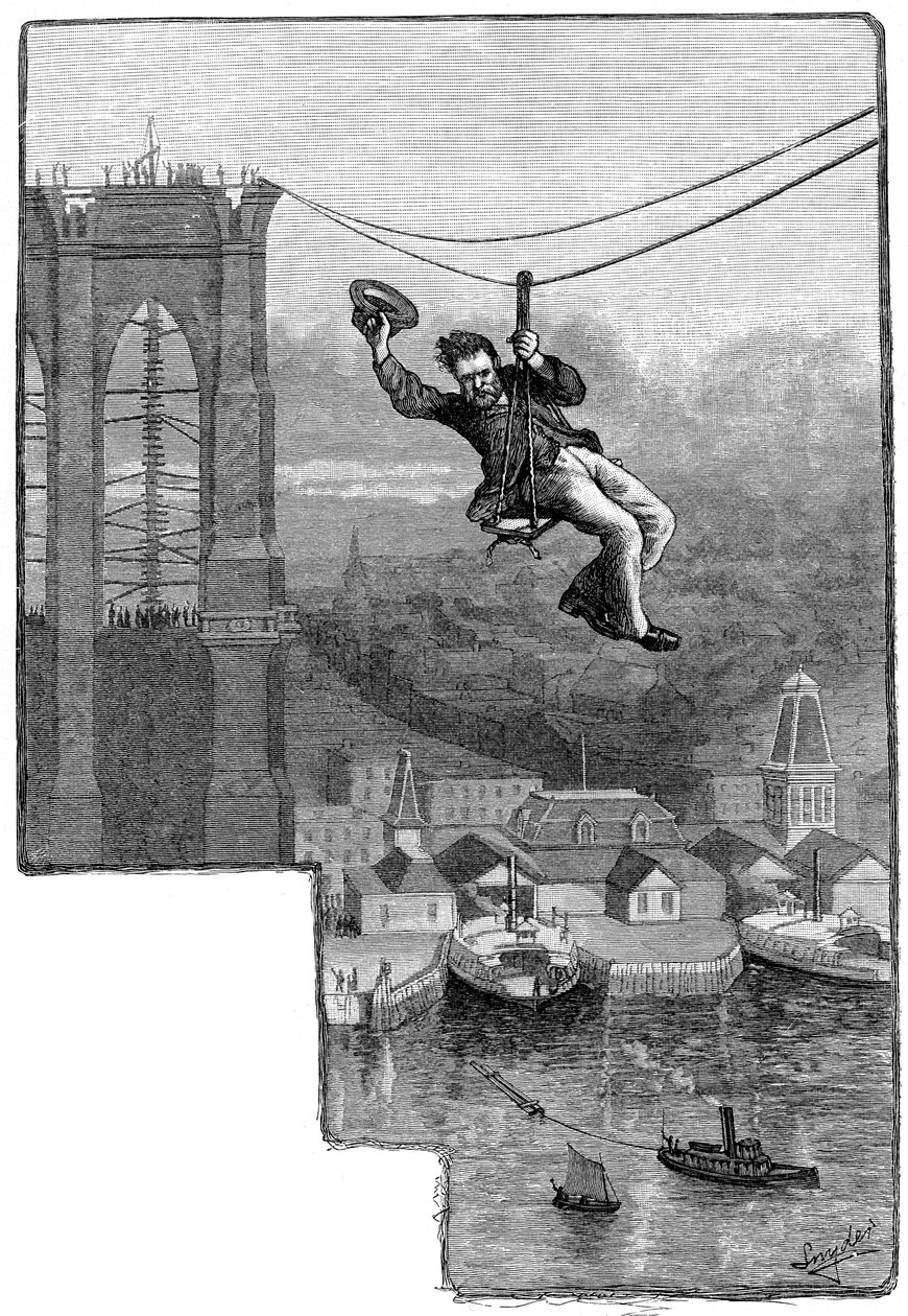 Testando os cabos na ponte de Brooklyn, c1900 de Unbekannt