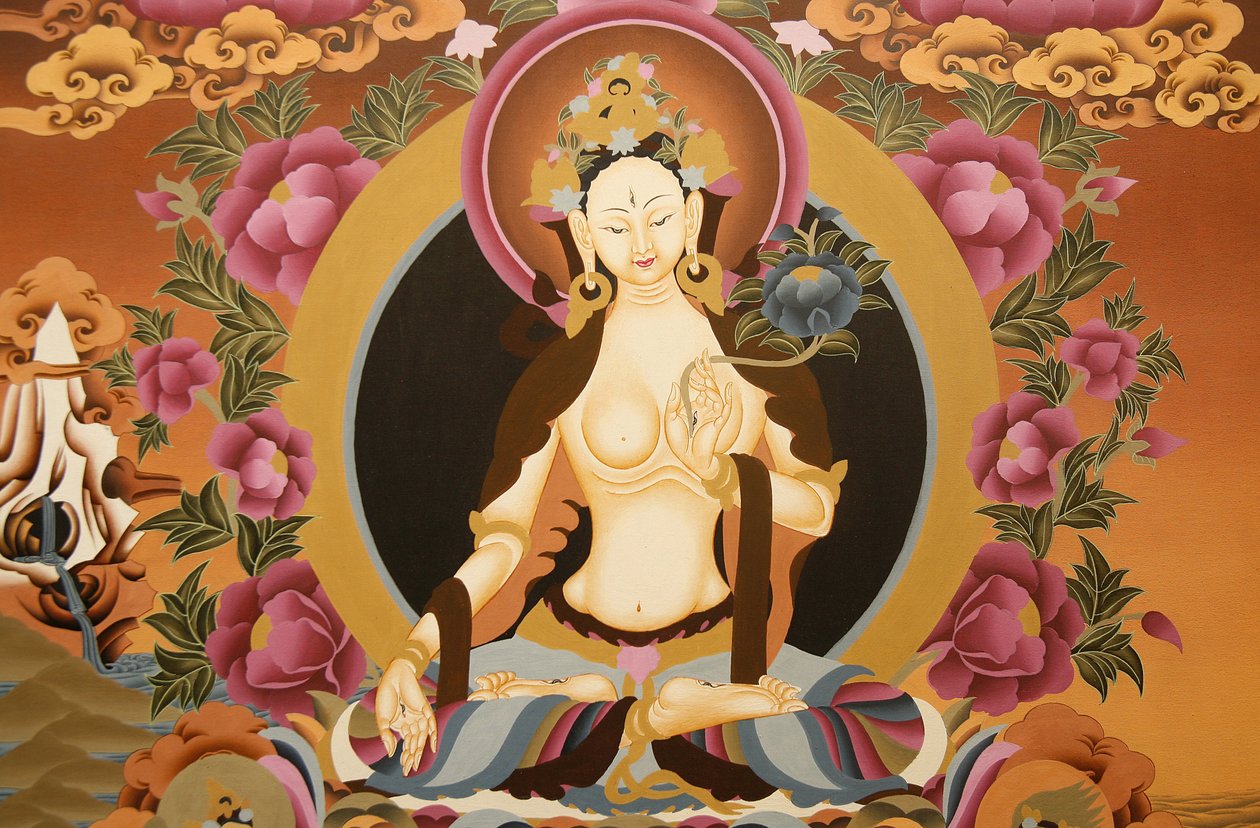 Thangka representando a deusa Tara Branca, símbolo budista de longa vida, Bhaktapur, Nepal de Unbekannt