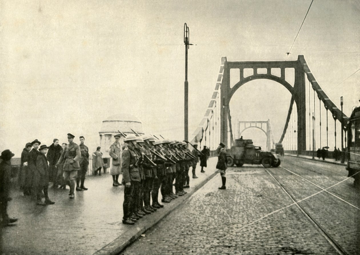 Os 18os Hussardos que Guardam uma Ponte no Reno em Colônia, 1919. de Unbekannt