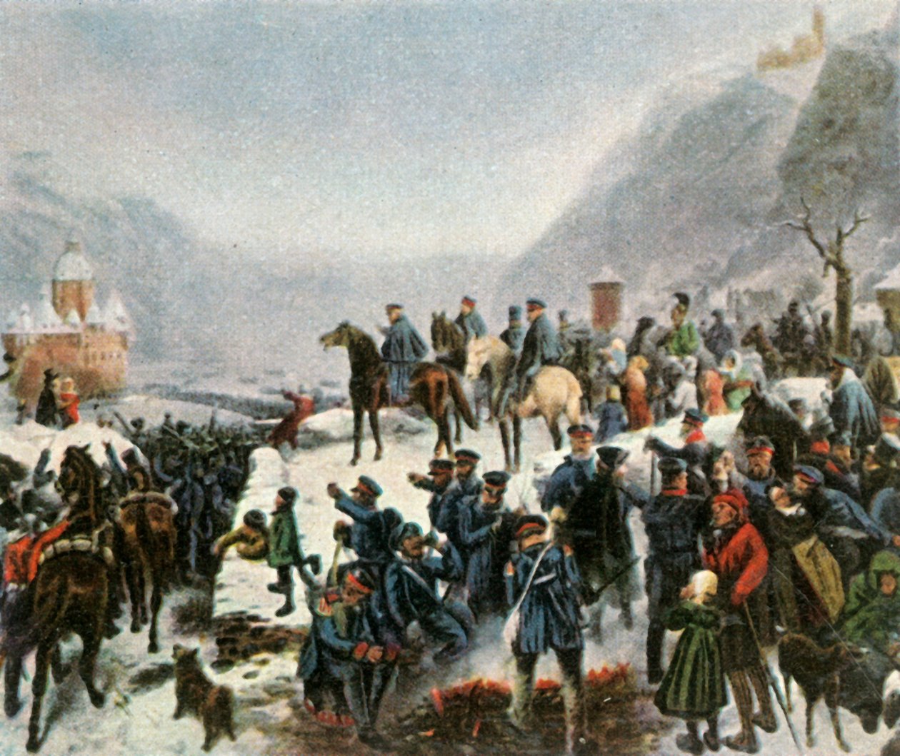 1º Exército da Silésia atravessando o rio Reno, perto de Kaub, em 1º de janeiro de 1814, 1936. de Unbekannt