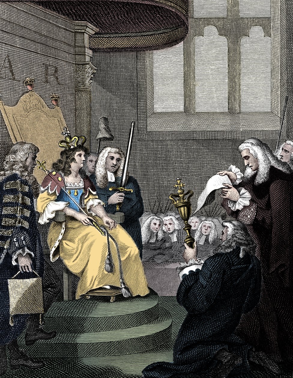 O Ato de União entre Inglaterra e Escócia sendo lido diante da Rainha Anne, 1826 de Unbekannt