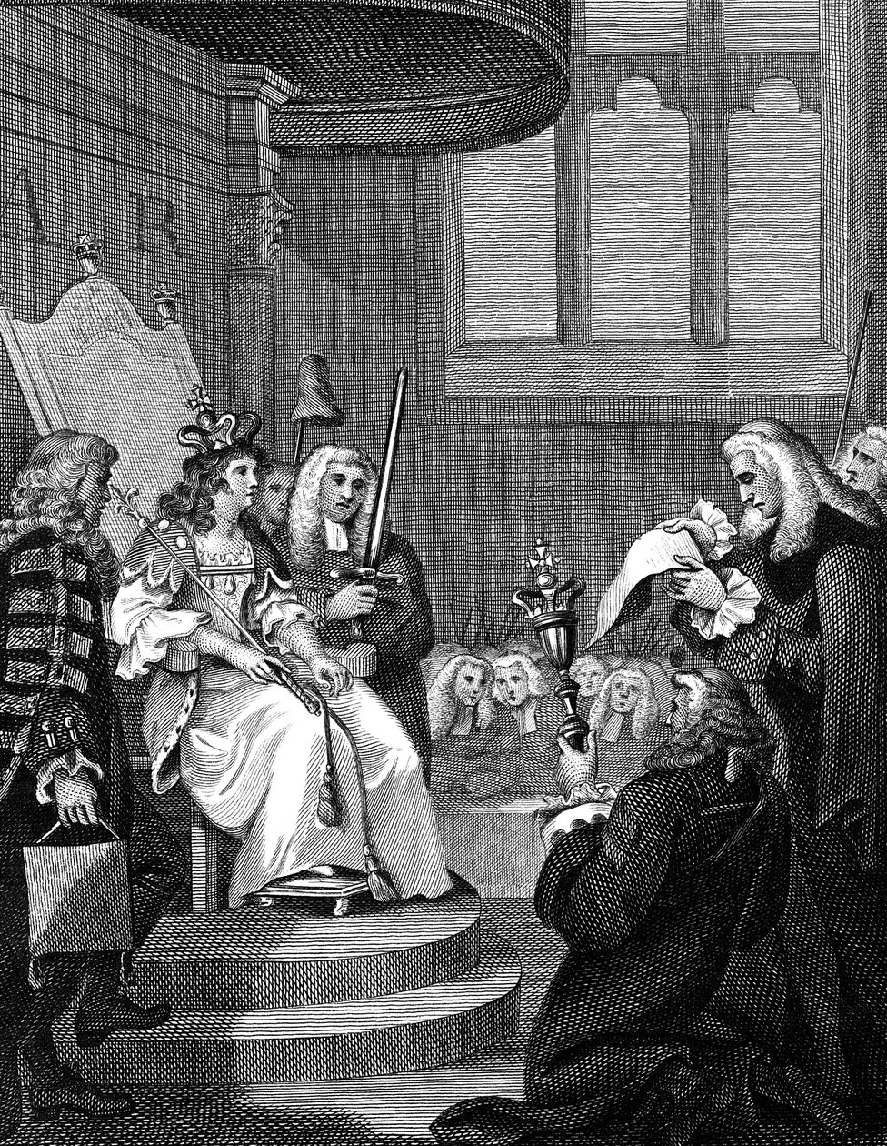O Ato de União entre Inglaterra e Escócia sendo lido diante da Rainha Anne, 1826 de Unbekannt