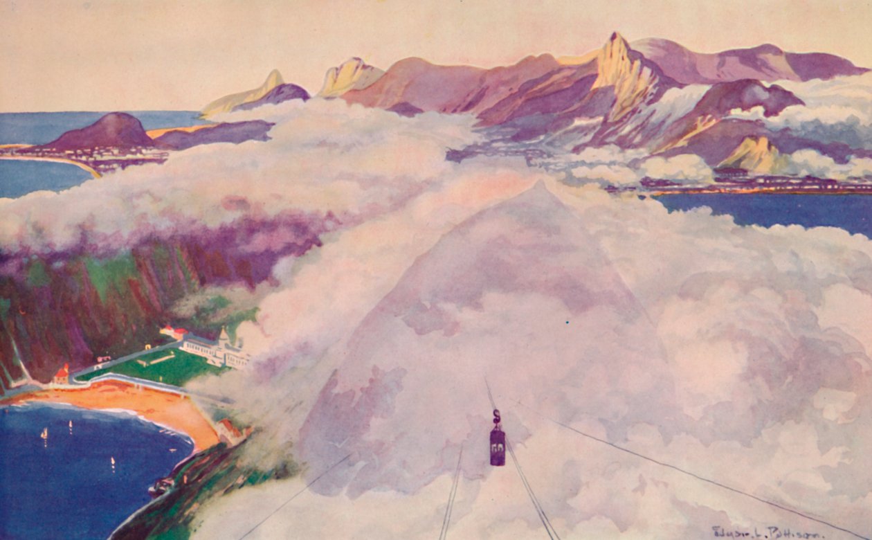 O carro de teleférico aéreo descendo da Pão de Açúcar, 1914. de Unbekannt