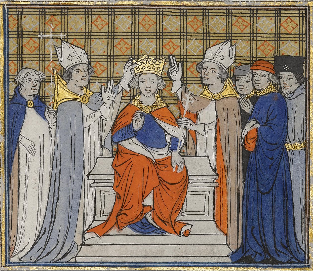 A Unção e Coroação de Luís IV em Laon, 19 de junho de 936. De Grandes Chroniques de France, 15 de Unbekannt
