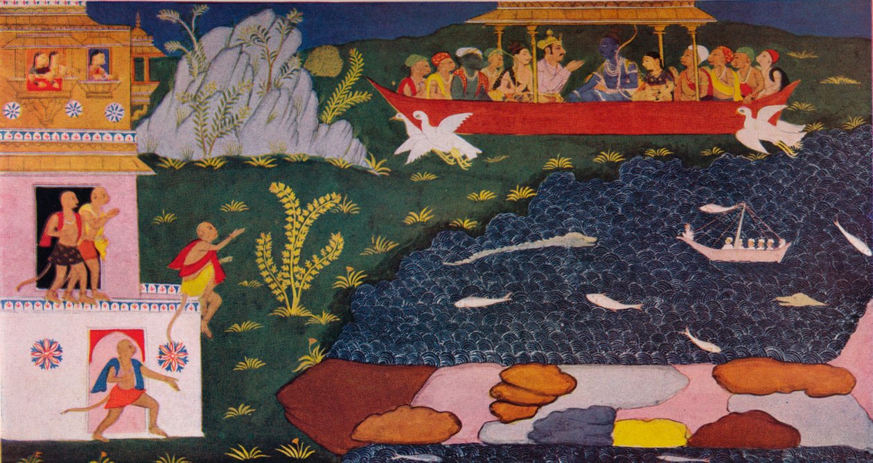 A chegada de Rama e Sita no carro aéreo, século 18, 1937 de Unbekannt