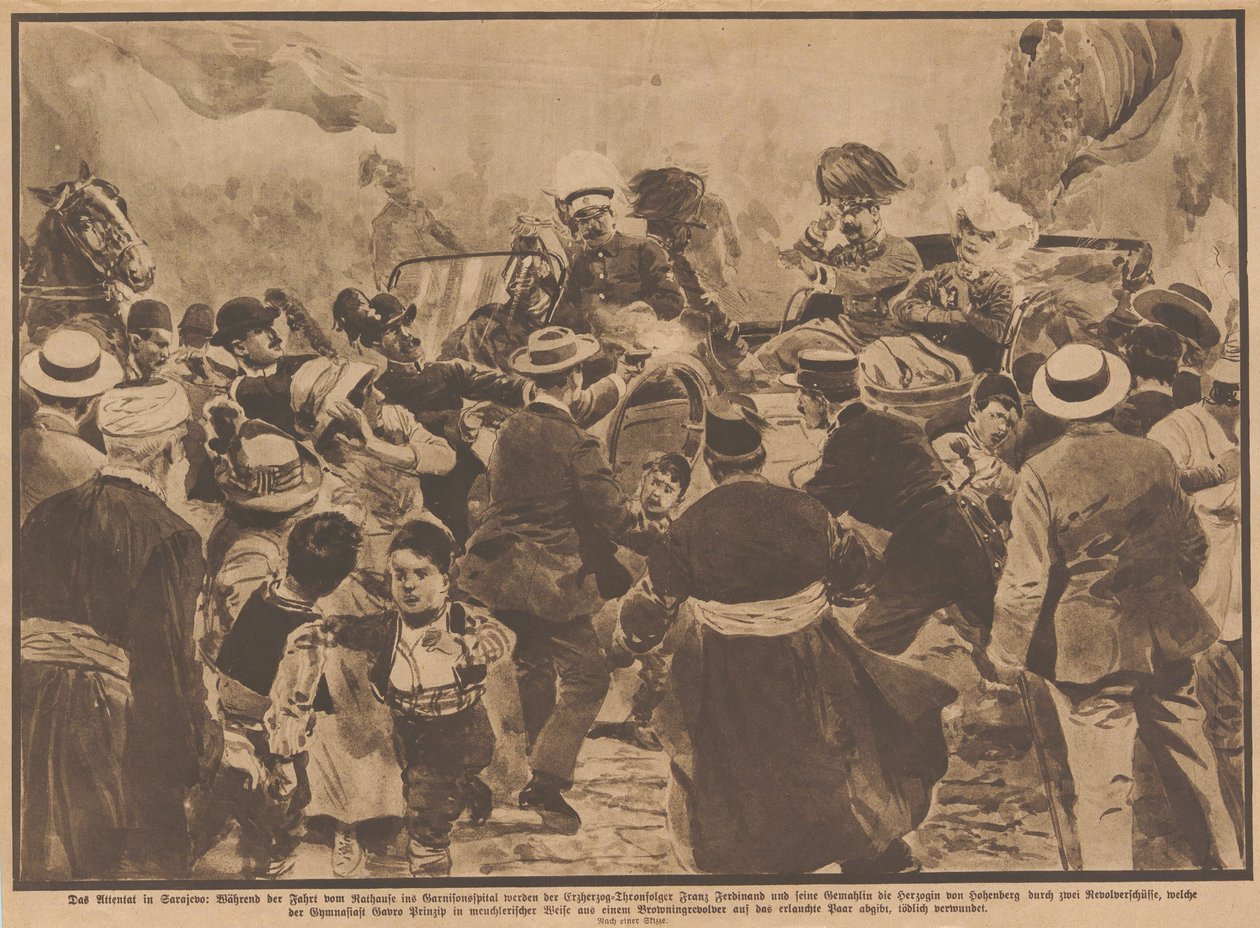 O Assassinato do Arquiduque Franz Ferdinand da Áustria e sua esposa em Sarajevo, 28 de junho de 1914. de Unbekannt