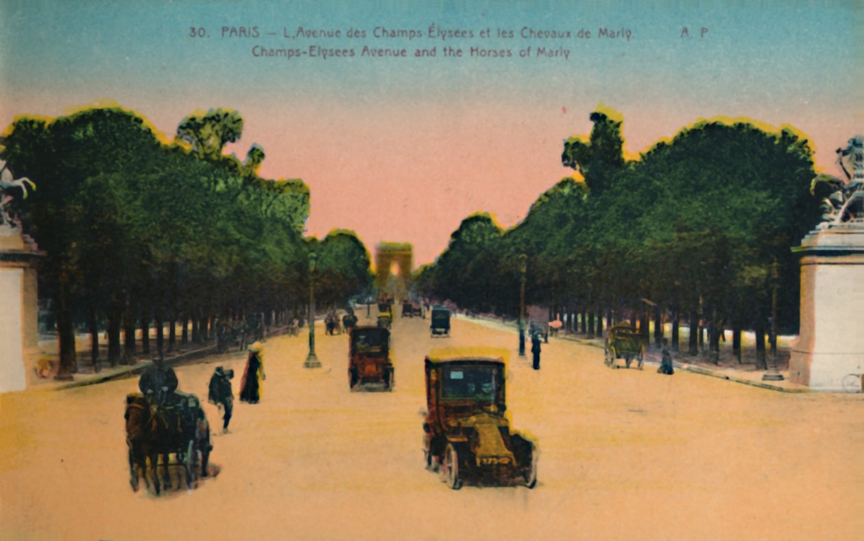 A Avenue des Champs-Elysees e os cavalos Marly, Paris, c1920 de Unbekannt