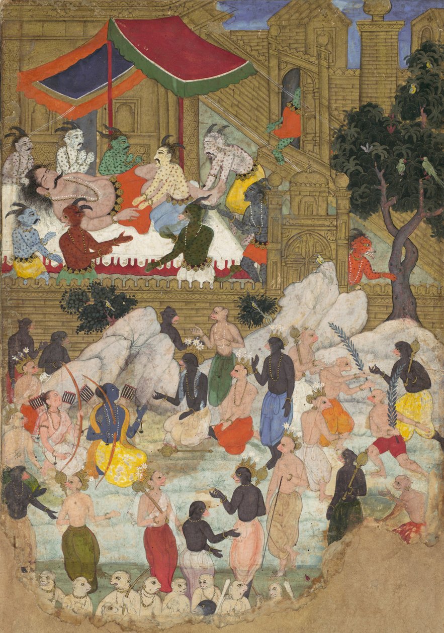 O Despertar de Kumbhakarna na Cidade Dourada de Lanka, Folio de um Ramayana, ca. 1605. de Unbekannt