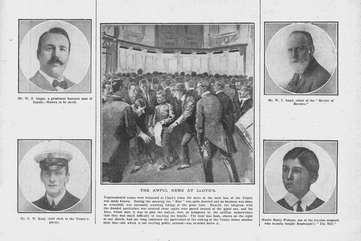 The Awful News em Lloyds, com retratos de alguns dos que estavam a bordo do Titanic, em 20 de abril de 1912. de Unbekannt