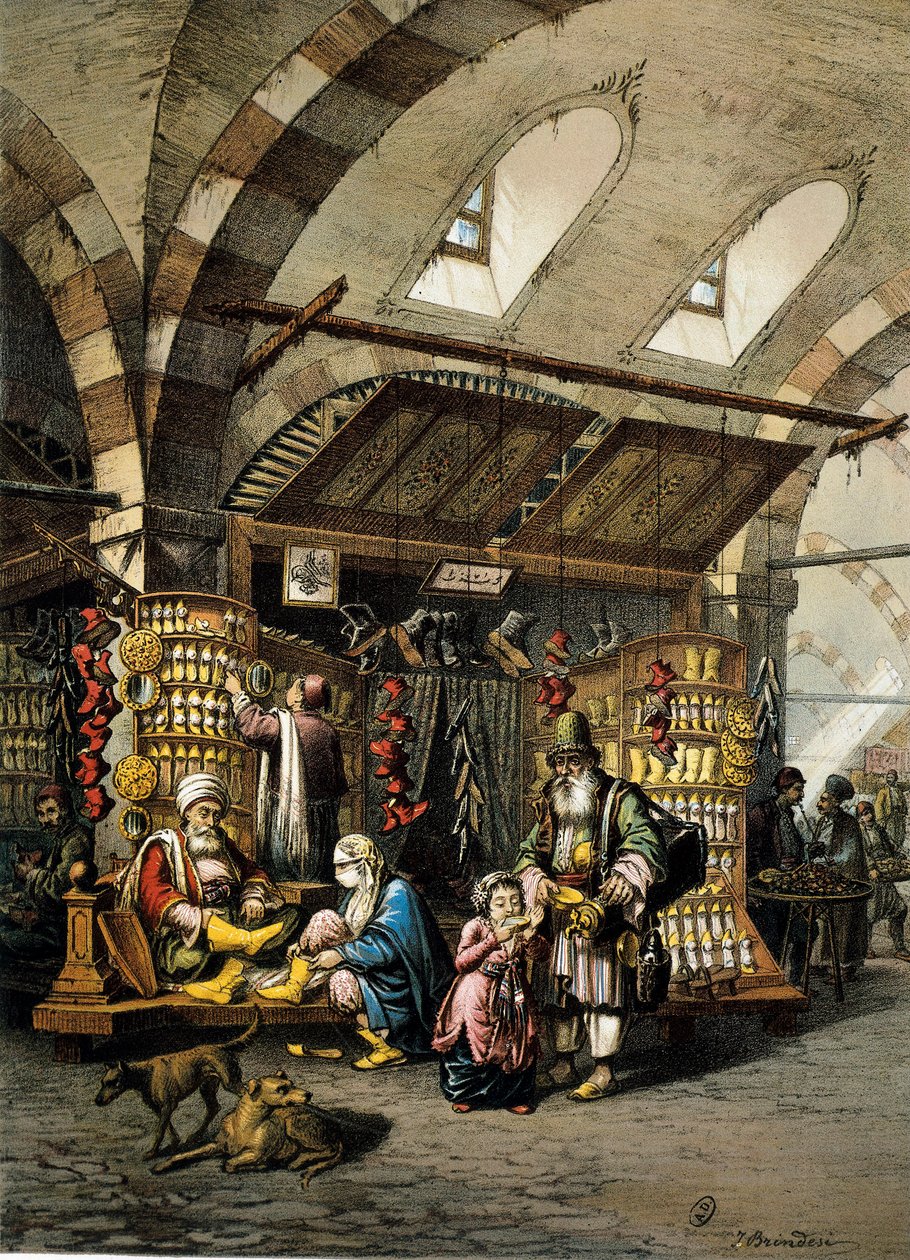 O Bazar (souk) de Constantinopla, litografia a cores de Unbekannt