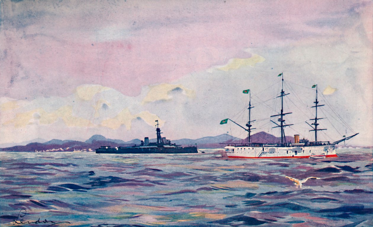 O Benjamin Constant Training Cruiser e o terrível Minas Geraes no Porto do Rio, 1914 de Unbekannt