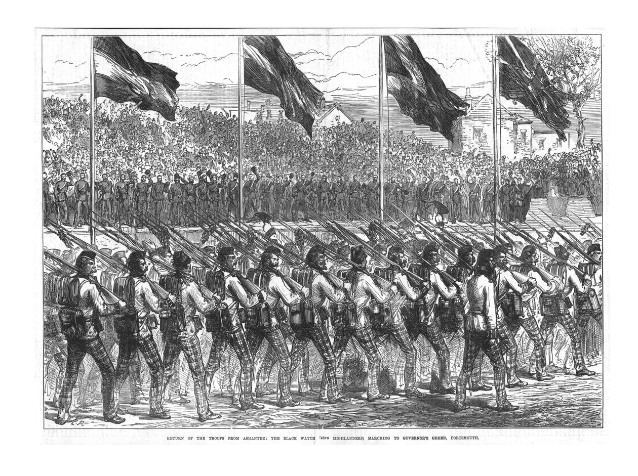 The Black Watch 42nd Highlanders marchando para Governors Green, Portsmouth, 1874. de Unbekannt