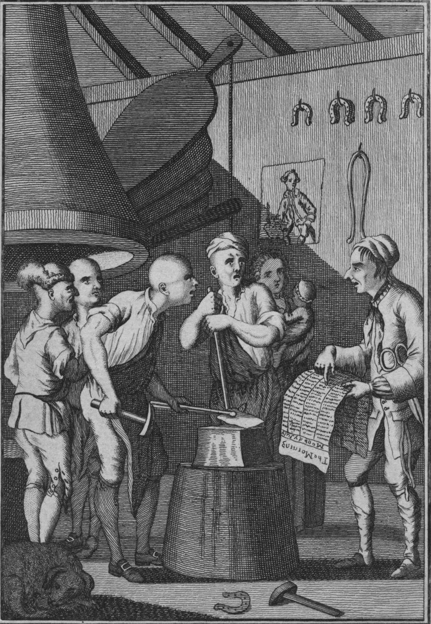 O ferreiro deixa seu ferro esfriar assistindo ao Taylors News, 1772 de Unbekannt