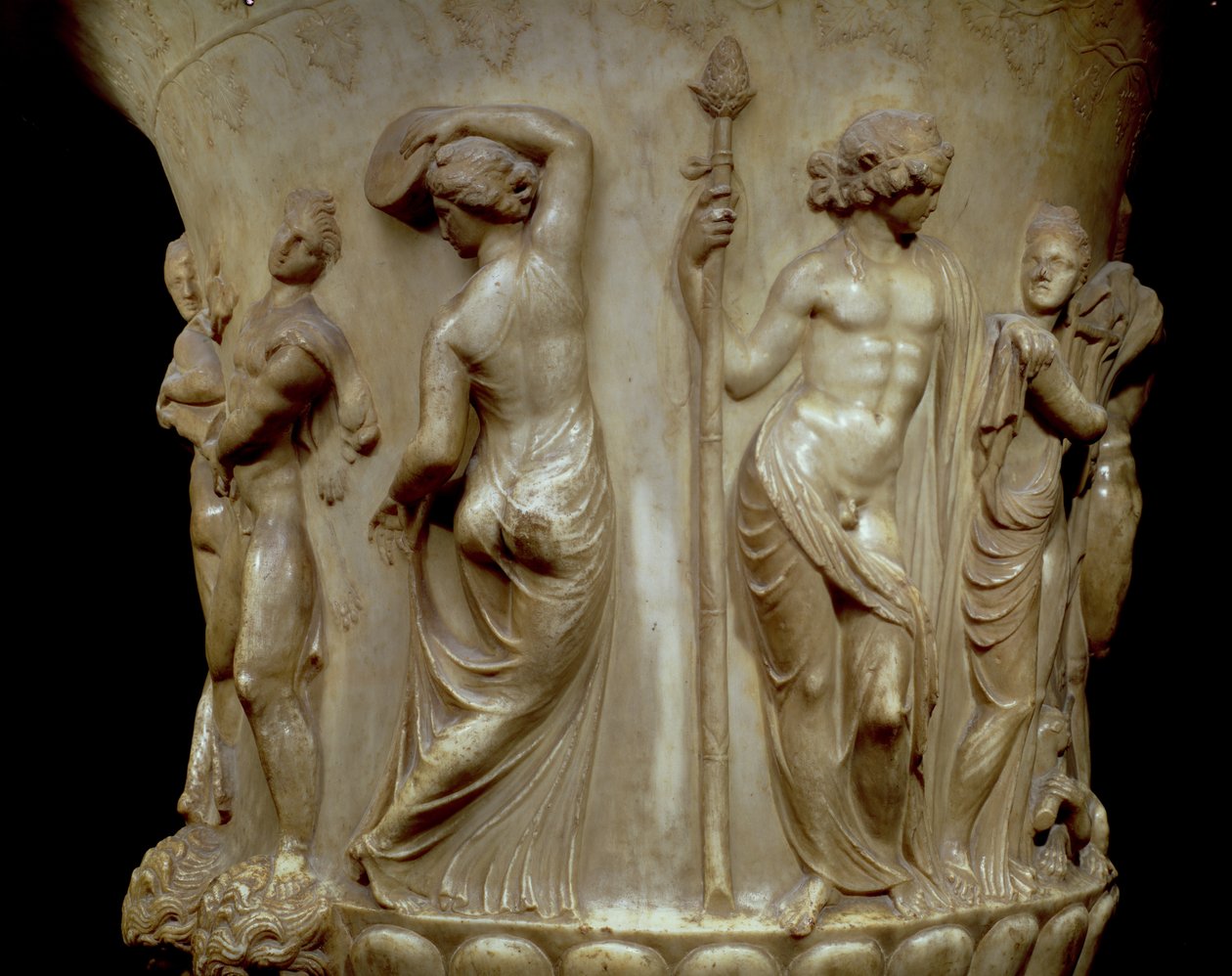 A cratera ou vaso Borghese, detalhe de relevo representando Dionísio e suas maenadas, grego, Neo-Ático, final do século II a.C. (mármore) de Unbekannt