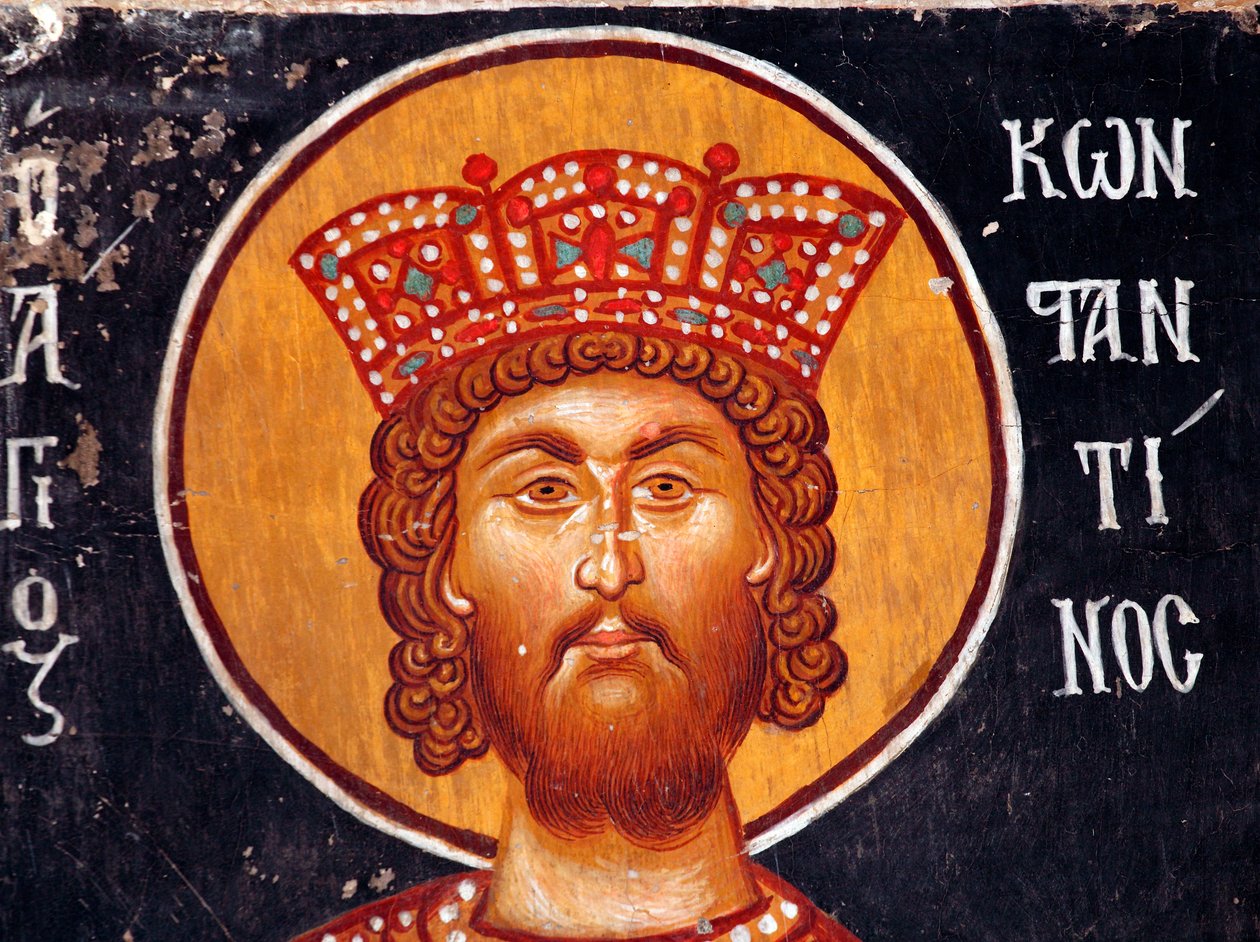 O Fresco Bizantino do século XV (Detalhe): O Imperador Constantino pintando a Igreja Miguel Arcanjo em Pedoulas Chipre Igrejas pintadas site da UNESCO Troodos, Chipre de Unbekannt