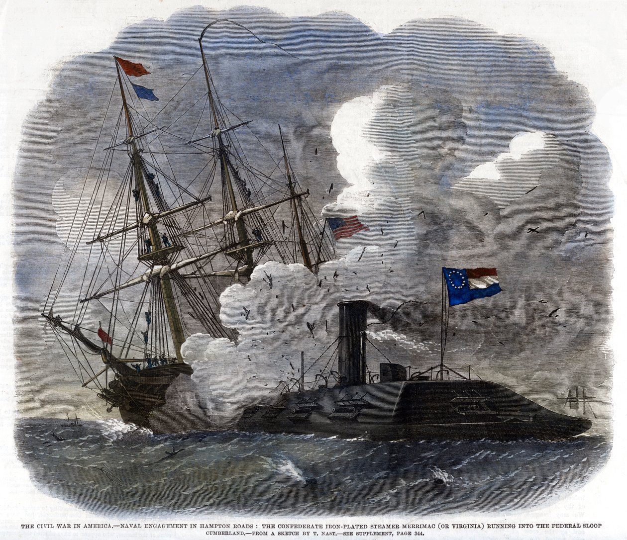 A Guerra Civil na América - Engajamento Naval em Hampton Roads ..., 1862 de Unbekannt