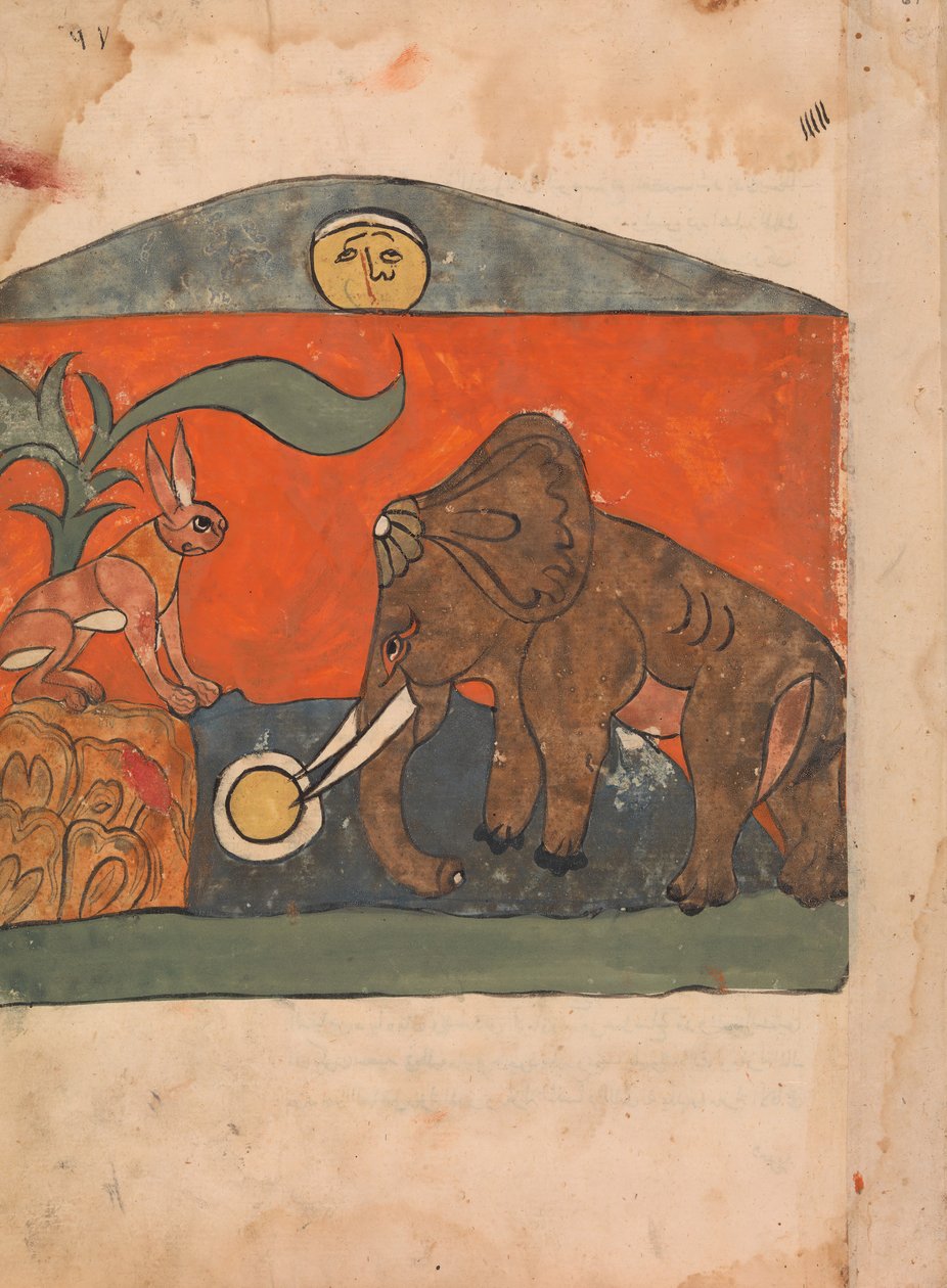A Lebre Inteligente com o Rei dos Elefantes na Primavera da Lua..., século XVIII. de Unbekannt